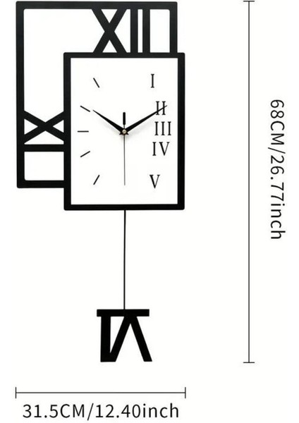 Şık Kare Tasarım Geometrik Roma Rakamlı Sallanan Sarkaçlı Duvar Saati Siyah