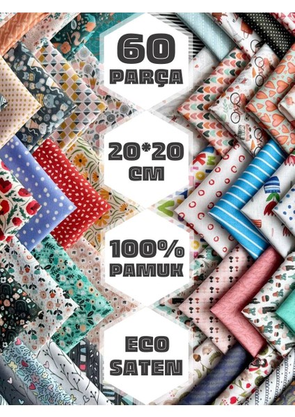 Patchwork Kumaş Seti – 60 Adet 20X20 cm | %100 Pamuk Saten | El Işi, Dikiş, Quilting ve Hobi Için