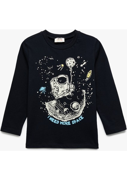 Pamuklu Uzun Kollu Bisiklet Yaka Uzay Baskılı Tişört