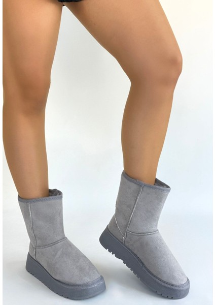 Içi Kürklü Bot Süet Gri Topuk Boyu 4 cm modelleri
