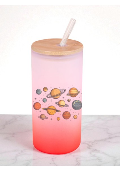 Gezegenler Teması Baskılı 600 ml Cam Matara- Su Matarası, Suluk Matara, Cam Pipetli Matara