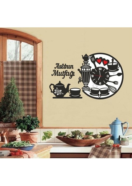 6mm (65X40) Siyah Beyaz Semaver ve Çaydanlık Seti, Mutfak Saati