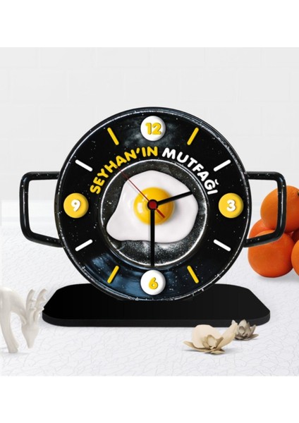 Kişiye Özel Renkli Dekoratif Mutfak Tava ve Ahşap Masaüstü Saat Seti