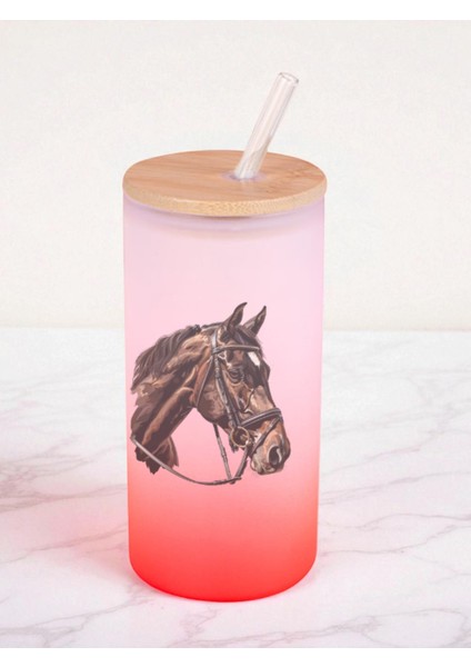 At Başı Baskılı 600 ml Cam Matara- Su Matarası, Suluk Matara, Cam Pipetli Matara