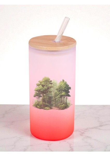 Orman Baskılı 600 ml Cam Matara- Su Matarası, Suluk Matara, Cam Pipetli Matara