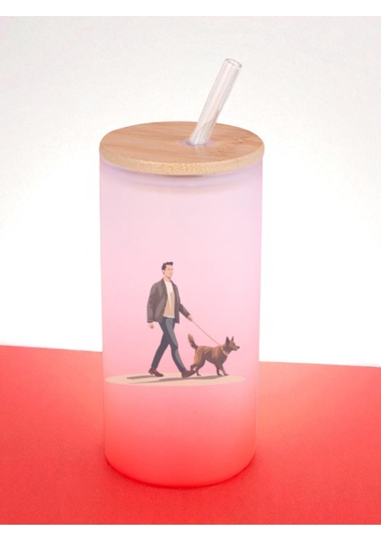 Köpek ve Adam Baskılı 600 ml Cam Matara- Su Matarası, Suluk Matara, Cam Pipetli Matara