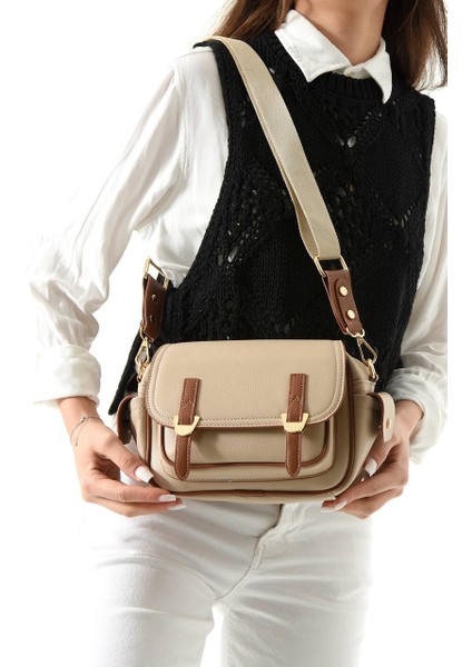 , Toka Aksesuar Detaylı,kapaklı,çok Gözlü, Açık Vizon Taba Kadın Çapraz Çantası