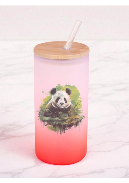 Yeşillikler Içinde Panda Baskılı 600 ml Cam Matara- Su Matarası, Suluk Matara, Cam Pipetli Matara