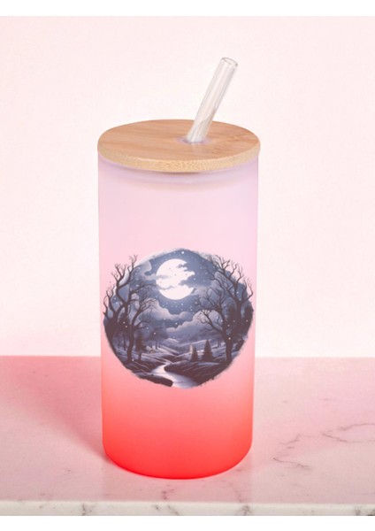 Gece Doğa Baskılı 600 ml Cam Matara- Su Matarası, Suluk Matara, Cam Pipetli Matara