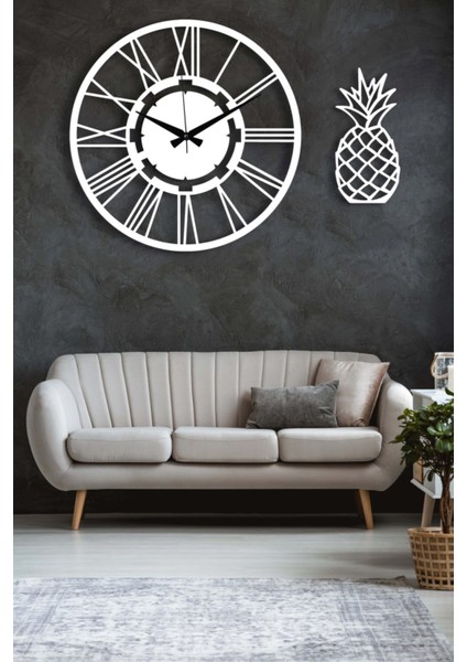 Şık Beyaz Duvar Saati 50X50CM ve Geyikli Tablo Seti