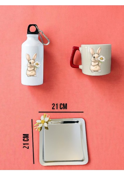 Papatyalı Tavşan Temalı Matara Suluk, Kupa Bardak ve Kahve Sunum Tepsisi Konsept Hediyelik