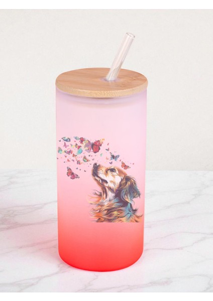 Kelebekli Köpek Baskılı 600 ml Cam Matara- Su Matarası, Suluk Matara, Cam Pipetli Matara