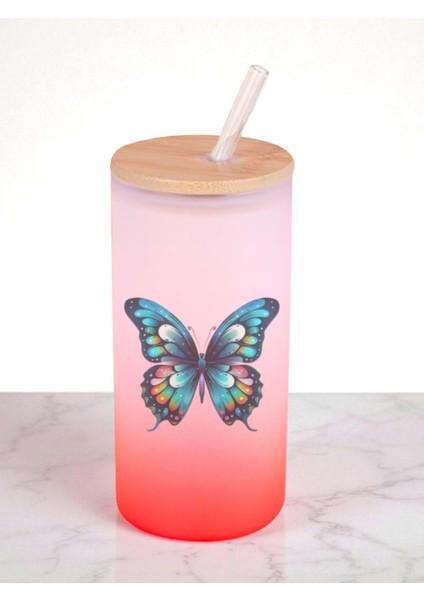 Mavi Kelebek Baskılı 600 ml Cam Matara- Su Matarası, Suluk Matara, Cam Pipetli Matara