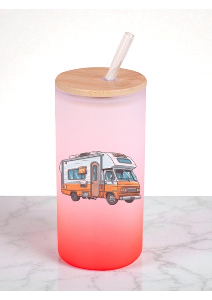 Karavan Temalı Baskılı 600 ml Cam Matara- Su Matarası, Suluk Matara, Cam Pipetli Matara