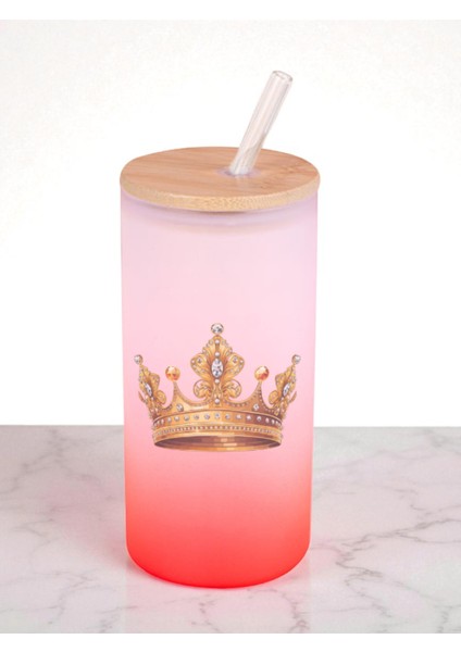 Kral Tacı Baskılı 600 ml Cam Matara- Su Matarası, Suluk Matara, Cam Pipetli Matara