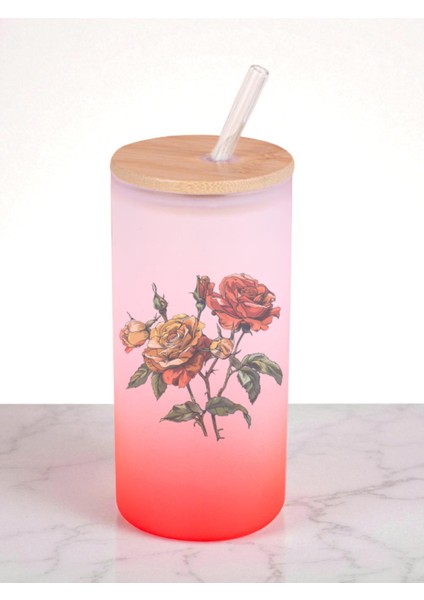 Gül Demeti Baskılı 600 ml Cam Matara- Su Matarası, Suluk Matara, Cam Pipetli Matara