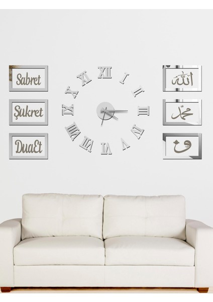 3D Roma Rakamlı Saat ve Dua Panosu Seti, Beyaz Altın Renkli, Şık ve Ilham Verici