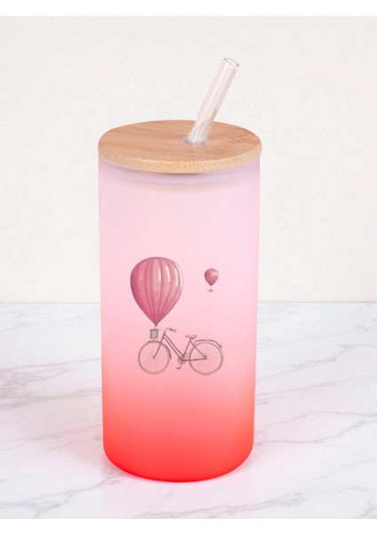 Balon ve Bisiklet Baskılı 600 ml Cam Matara- Su Matarası, Suluk Matara, Cam Pipetli Matara
