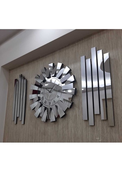 3D Piyano Model, Yan Dekor, Aynalı, 3'lü Duvar Saati, Gümüş, Roma Rakamlı