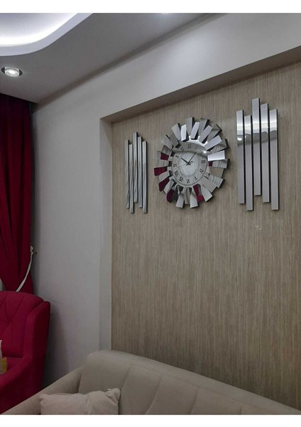 3D Piyano Model, Yan Dekor, Aynalı, 3'lü Duvar Saati, Gümüş, Roma Rakamlı modelleri