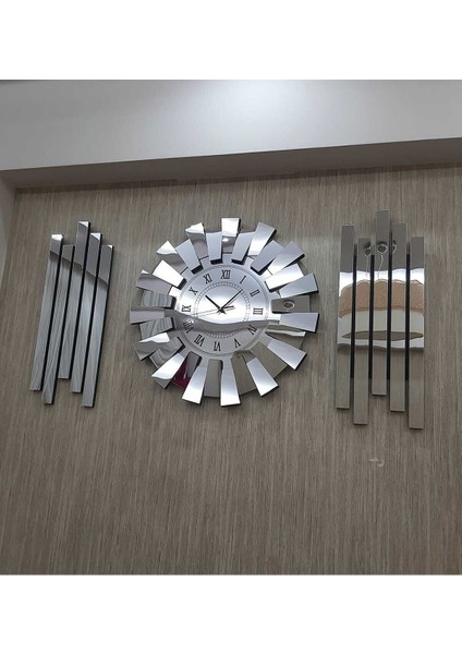 3D Piyano Model, Yan Dekor, Aynalı, 3'lü Duvar Saati, Gümüş, Roma Rakamlı