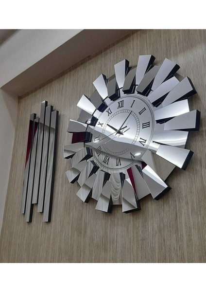 3D Piyano Model, Yan Dekor, Aynalı, 3'lü Duvar Saati, Gümüş, Roma Rakamlı