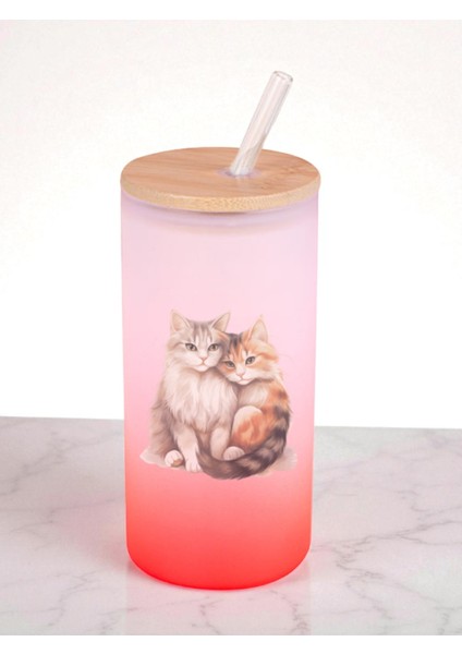 Sarılan Kediler Baskılı 600 ml Cam Matara- Su Matarası, Suluk Matara, Cam Pipetli Matara