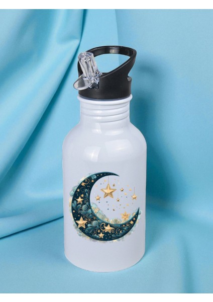 Modern Ay Baskılı Matara Suluk 600 ml - Sporcu Suluğu, Büyük Suluk, Spor Matara, Sporcu Sulukları