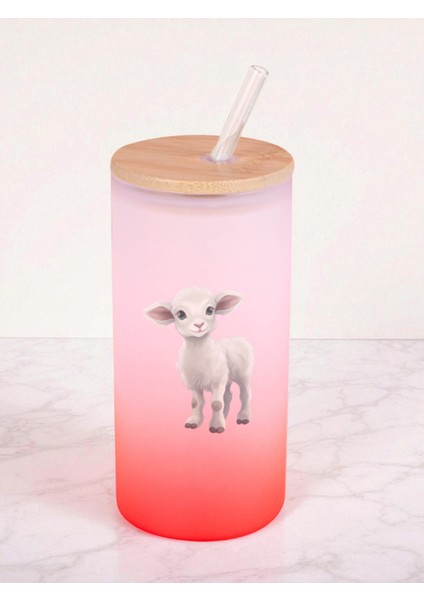 Kuzu Baskılı 600 ml Cam Matara- Su Matarası, Suluk Matara, Cam Pipetli Matara