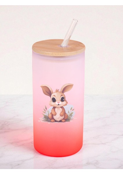 Sevimli Tavşan Baskılı 600 ml Cam Matara- Su Matarası, Suluk Matara, Cam Pipetli Matara