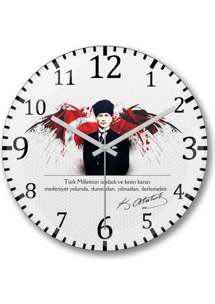 Turuncu Gerçek Cam Bombeli Atatürk Temalı Duvar Saati