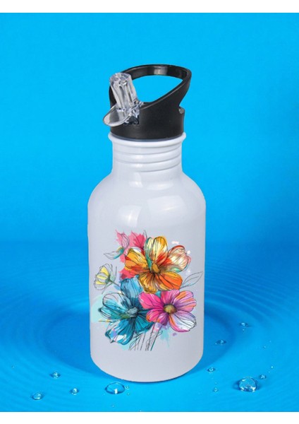 Boyalı Çiçekler Baskılı Matara Suluk 600 ml - Kız Çocuk Suluk, Kız Sulukları