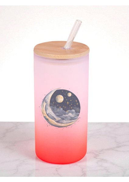 Ay ve Yıldızlar Baskılı 600 ml Cam Matara- Su Matarası, Suluk Matara, Cam Pipetli Matara