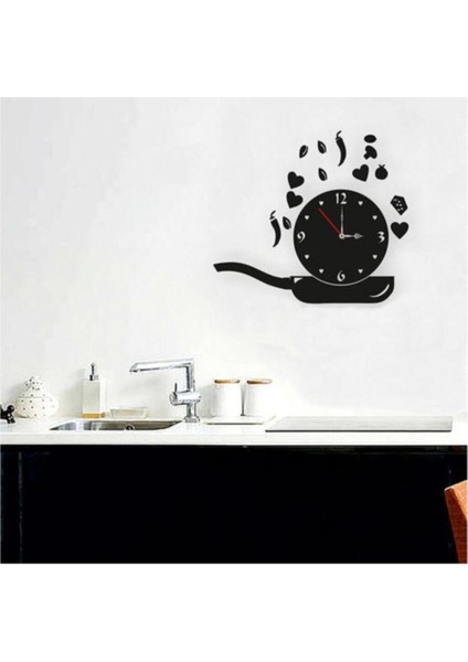 Ahşap Mutfak Tava Figürlü Dekoratif Duvar Saati Siyah