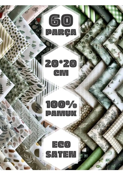 Patchwork Kumaş Seti – 60 Adet 20X20 cm | %100 Pamuk Saten | El Işi, Dikiş, Quilting ve Hobi Için
