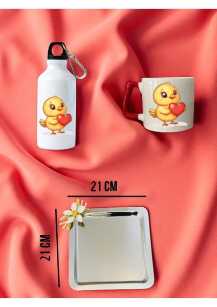 Kalpli Civciv Temalı Matara Suluk, Kupa Bardak ve Kahve Sunum Tepsisi Konsept Hediyelik