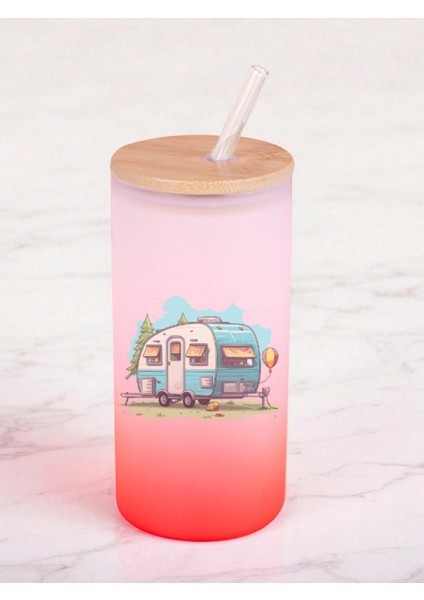 Mavi Karavan Baskılı 600 ml Cam Matara- Su Matarası, Suluk Matara, Cam Pipetli Matara