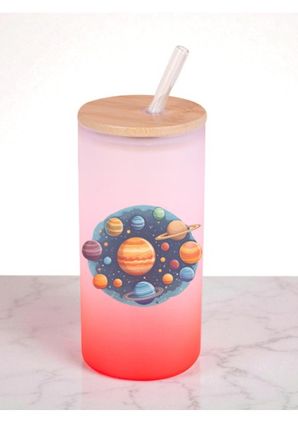 Gezegenler Baskılı 600 ml Cam Matara- Su Matarası, Suluk Matara, Cam Pipetli Matara