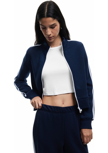 Şardonlu Uzun Kollu Dar Kesim Dik Yaka Fermuarlı Çizgili Sweatshirt