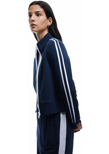 Şardonlu Uzun Kollu Dar Kesim Dik Yaka Fermuarlı Çizgili Sweatshirt modelleri