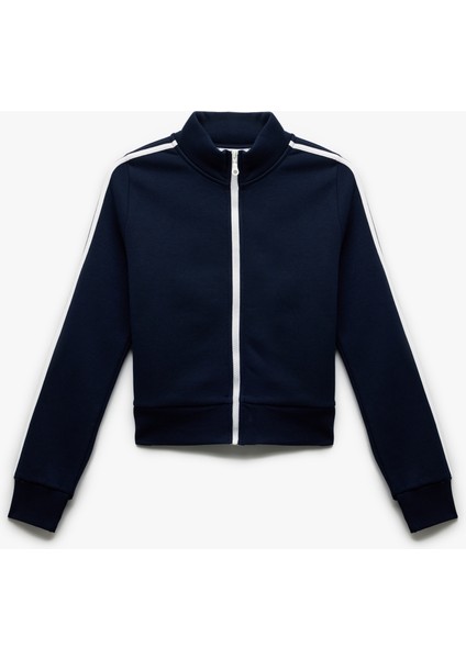 Şardonlu Uzun Kollu Dar Kesim Dik Yaka Fermuarlı Çizgili Sweatshirt fırsatları