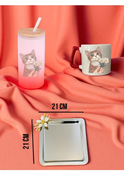 Papatyalı Kedi Temalı Kırmızı Matara, Kupa Bardak ve Kahve Sunum Tepsisi Konsept Hediyelik