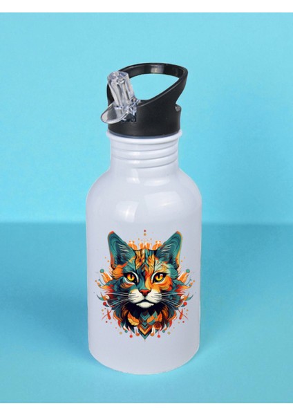 Alevli Kedi Baskılı Matara Suluk 600 ml - Sporcu Suluğu, Büyük Suluk, Spor Matara, Sporcu Sulukları