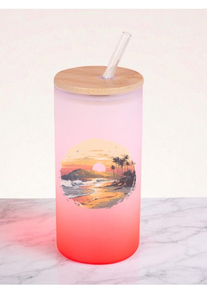 Yaz Tatili Baskılı 600 ml Cam Matara- Su Matarası, Suluk Matara, Cam Pipetli Matara