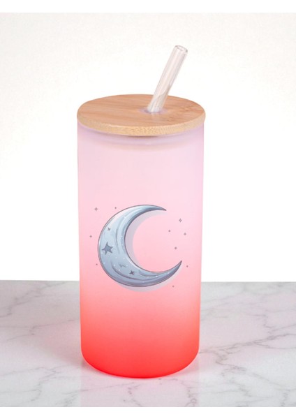 Mavi Ay Baskılı 600 ml Cam Matara- Su Matarası, Suluk Matara, Cam Pipetli Matara