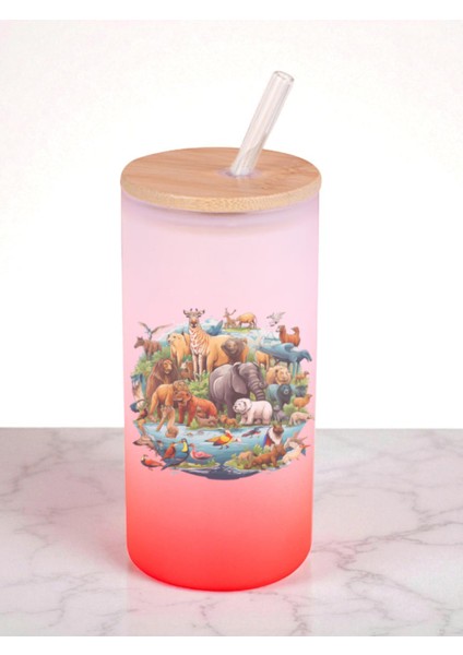 Hayvanlar Alemi Baskılı 600 ml Cam Matara- Su Matarası, Suluk Matara, Cam Pipetli Matara