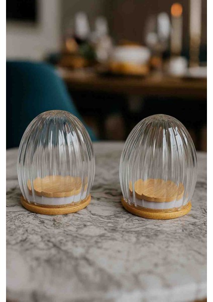 2 Li Bambu Kapaklı Çizgili Cam Tuzluk Karabiberlik – Borosilikat Kapaklı Sunum Seti