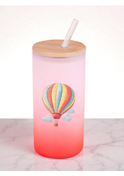 Balon ve Bulut Baskılı 600 ml Cam Matara- Su Matarası, Suluk Matara, Cam Pipetli Matara