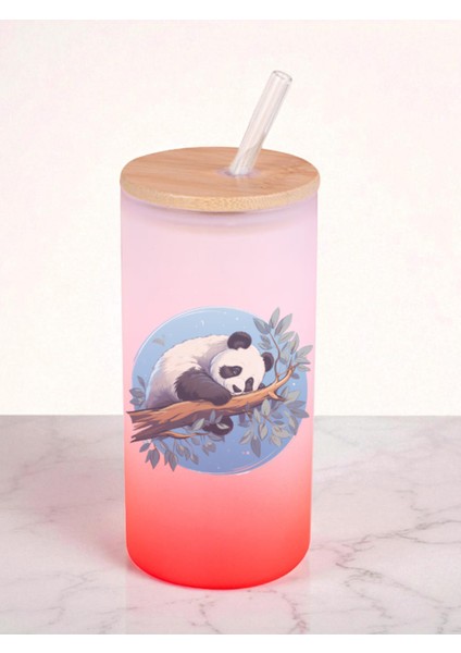 Ağaçta Panda Baskılı 600 ml Cam Matara- Su Matarası, Suluk Matara, Cam Pipetli Matara