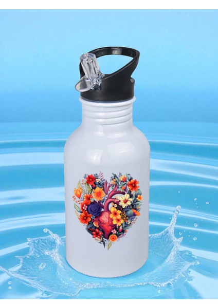 Çiçekli Kalpli Matara Suluk 600 ml - Çocuk Suluk Matara, Çocuk Su Matarası